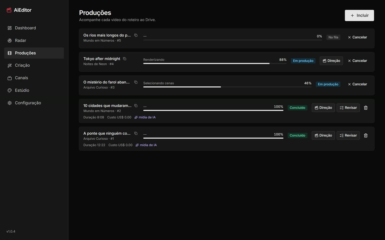 Tela de Produções do AiEditor, com vídeos na fila, em produção e concluídos
